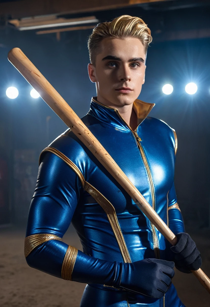 Straight man in latex clothing with middle part haircut with a baseball stick in his hand Homelander from the comic The Boys, wearing Homelander costume, glittering lights, (dynamic pose), (hyper realisitic:1.4), (realisitic:1.3), (best quality real textured leather), whole body, (cinematic light), highly detailed skin, skin pore, (high-detailed face:1.1), (highly-detailed eyes:1.1), realisitic pupils, (Perfect Anatomia: 1.1), (perfect proportions:1.1), (fot:1.1), (photorealisitic:1.1), volumetric lighting, dynamic lighting, real shadows, (high resolution:1.1), sharp focus, Day Light, (realisitic, hyperrealisitic: 1.4), Intricate, high détail, Dramatic, underground dispersal, big depth of field, vivid, polished, Spitz, ((totalmente Spitz)), (extremely absurd),8k hdr