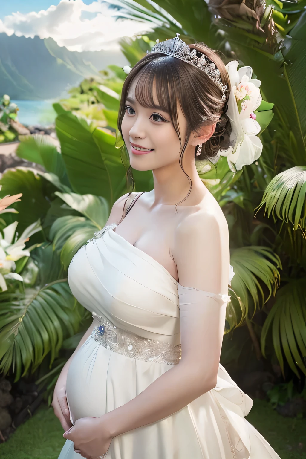 (Best Quality, masutepiece:1.2), (Realistic:1.3), (hyper detailed background, Detailed background), Bokeh,Shooting from the side,  ((medium breasts)), [[Valley]],(Princess Line Wedding Dresses:1.3),(((One-shoulder:1.3))), Bridal tiara, Bridal Veil, bridal gauntlets,  Upper body, (Wedding Venues in Hawaii:1.2), Smiling, pregnant