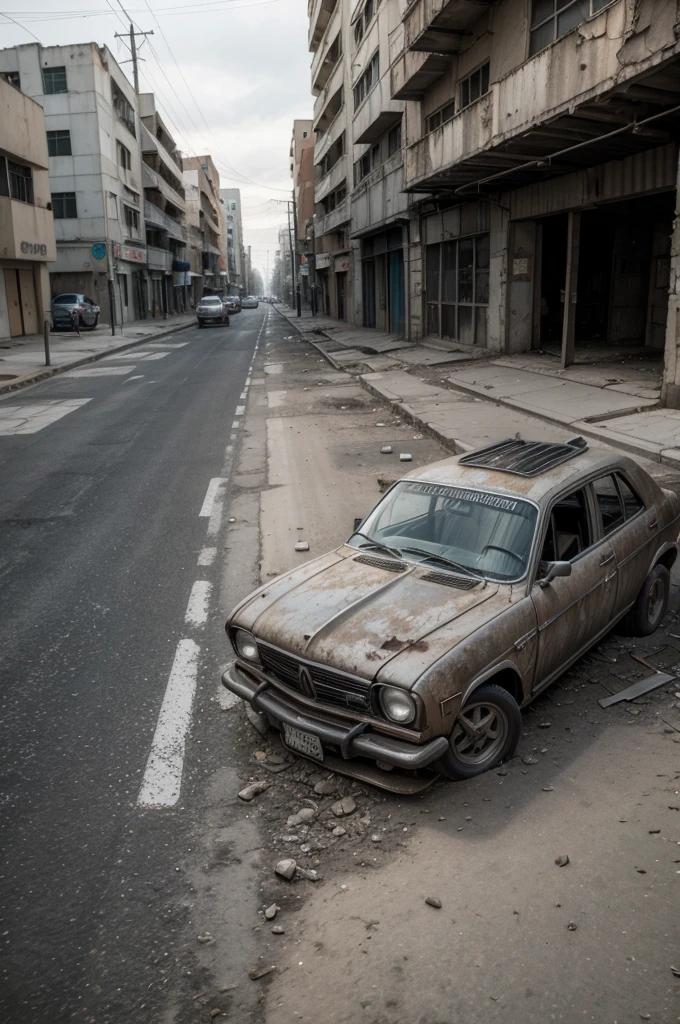 Ruined streets with rusty contemporary cars, and deserted streets with skeletons lying in the ground~using gas mask.