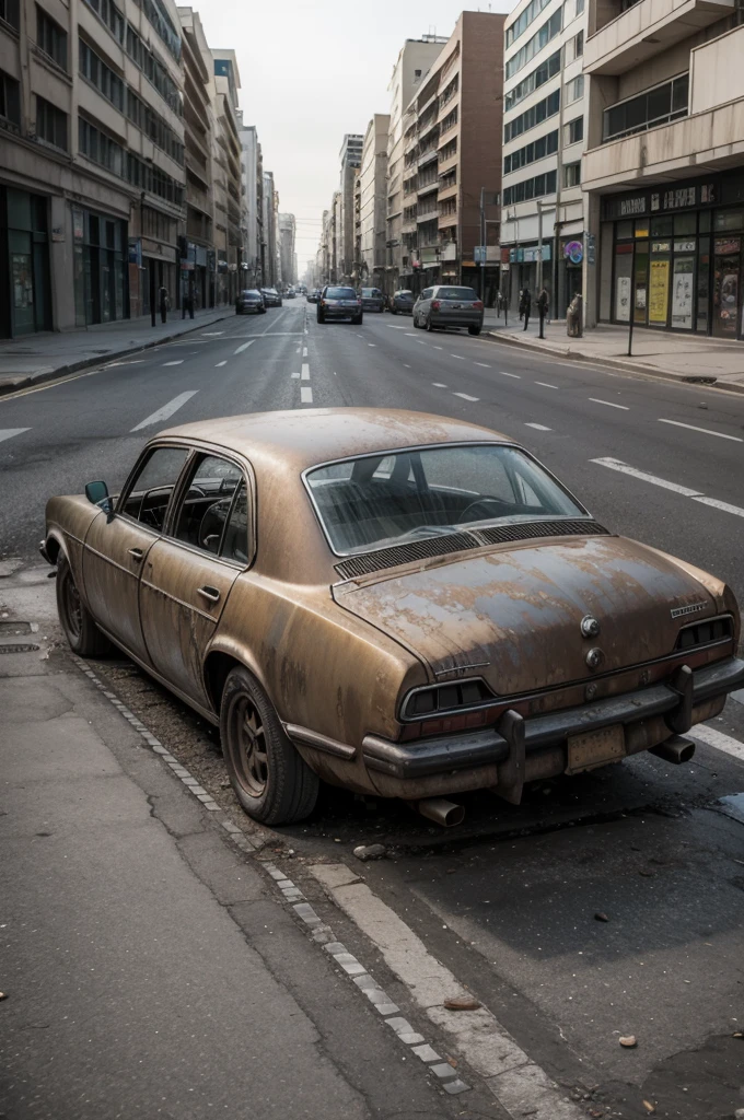 Ruined streets with rusty contemporary cars, and deserted streets with skeletons lying in the ground~using gas mask.