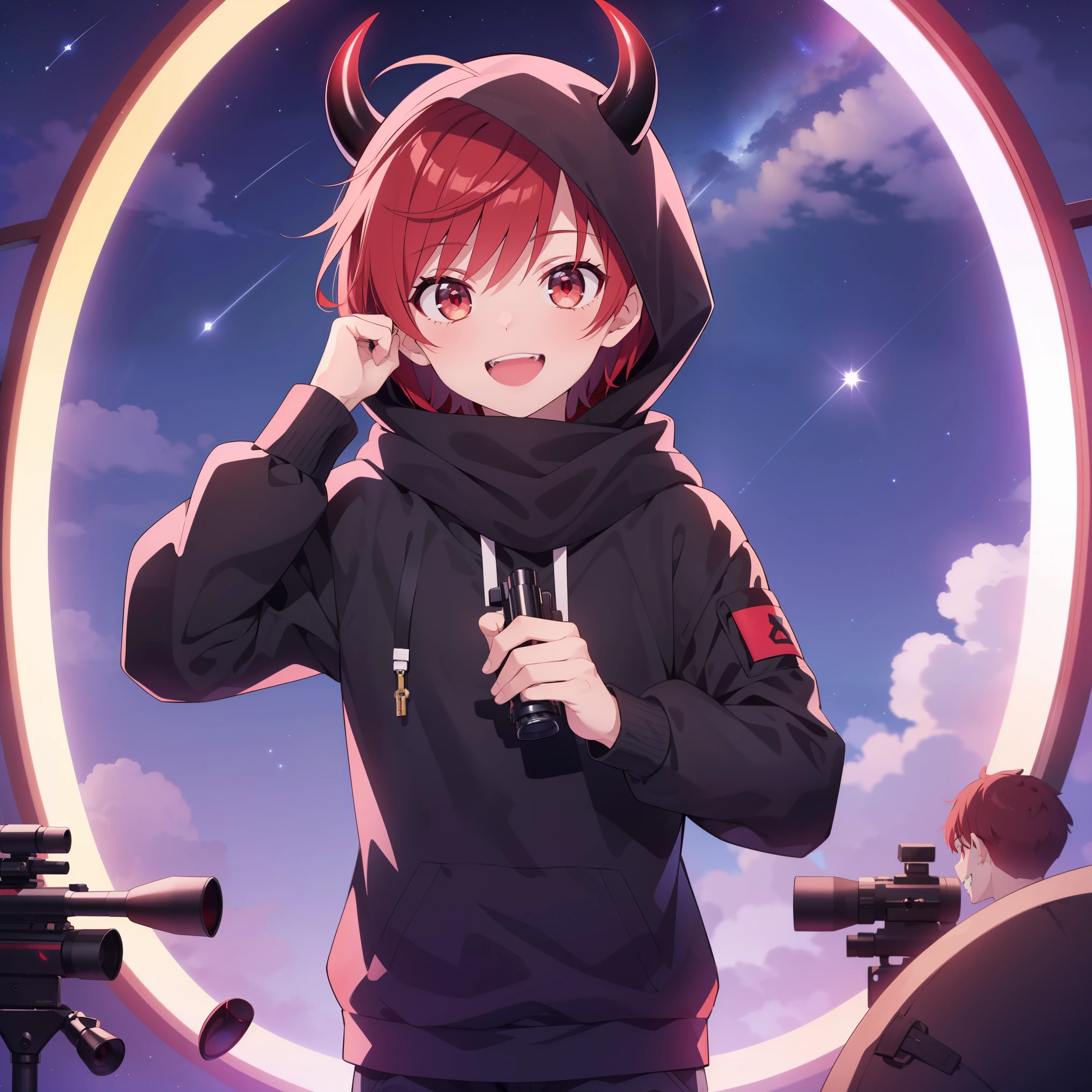 (Highest quality), (masterpiece), 1080P, High resolution, 4K, 8k, boy, Red hair, Red Eye, short hair, devil, black Parker, Focus on the face, Lock, Night Sky, Starry Sky, shooting star, Get Ready, sniper rifle, smile, scarf, devil horns, hood up