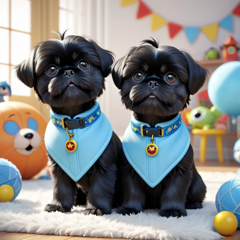 2 adorable small black shih tzu puppies,wearing light blue collars,Disney toy room,3d cartoon,3d render,disney pixar style,(best quality,4k,8k,highres,masterpiece:1.2),ultra-detailed,(realistic,photorealistic,photo-realistic:1.37),cute,playful,messy,mischievous,extremely detailed eyes and face,longeyeLashes,soft fur,plush,toy-filled room,bright colors,whimsical,magical,imaginative