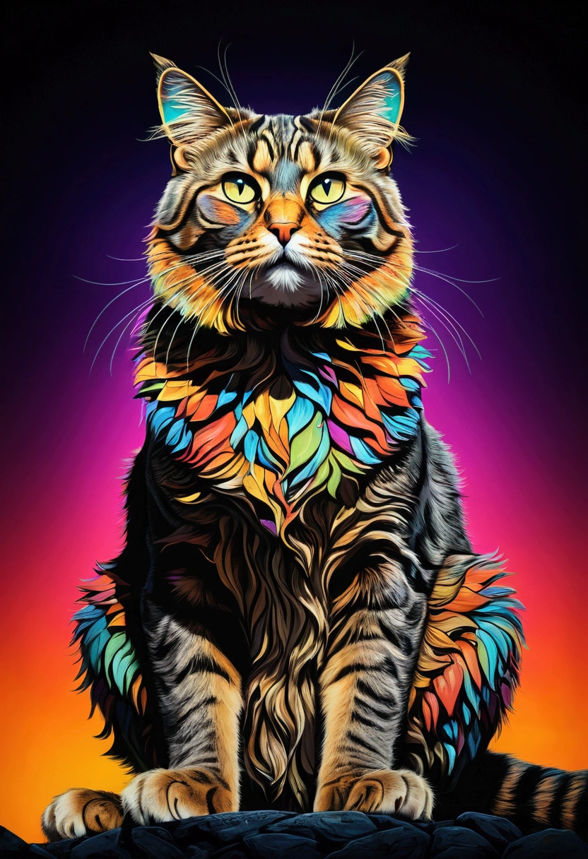 (Giant Cat, exaggerate Giant), from below, Stunning illustration, glowing in the dark with colorful multicolor light, centered on a night background, in the style of pop surrealist artist, fine art, full body, award-winning, cinematic still, emotional, vignette, dynamic, vivid, (masterpiece, best quality, Professional, perfect composition, very aesthetic, absurdres, ultra-detailed, intricate details:1.3)