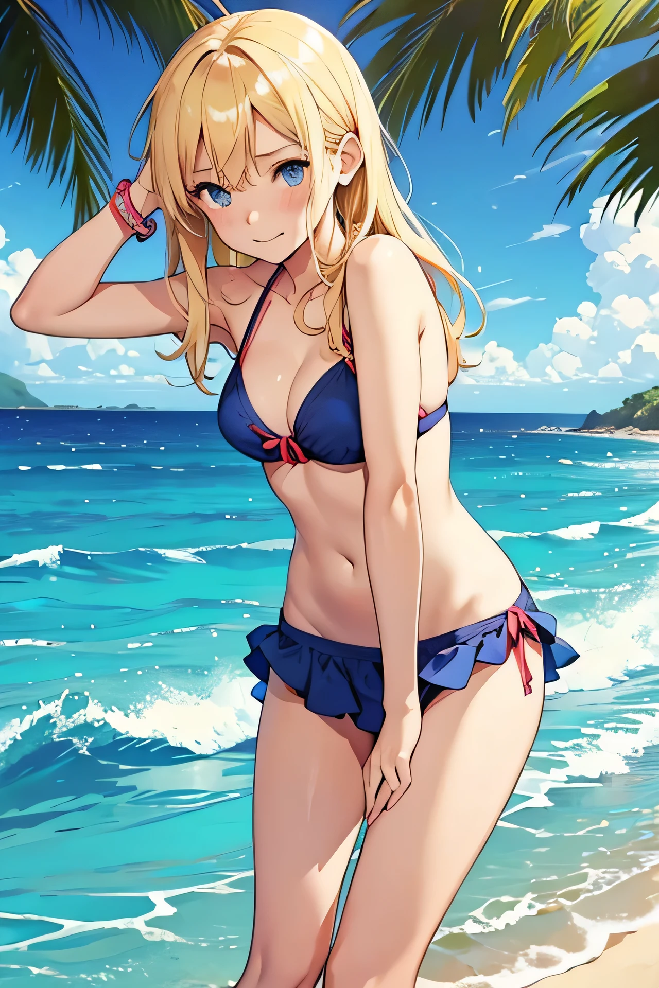 Summer beach。A cute blonde girl in a bikini sticks out her butt and plays with a swim ring in the ocean。Embarrassed。