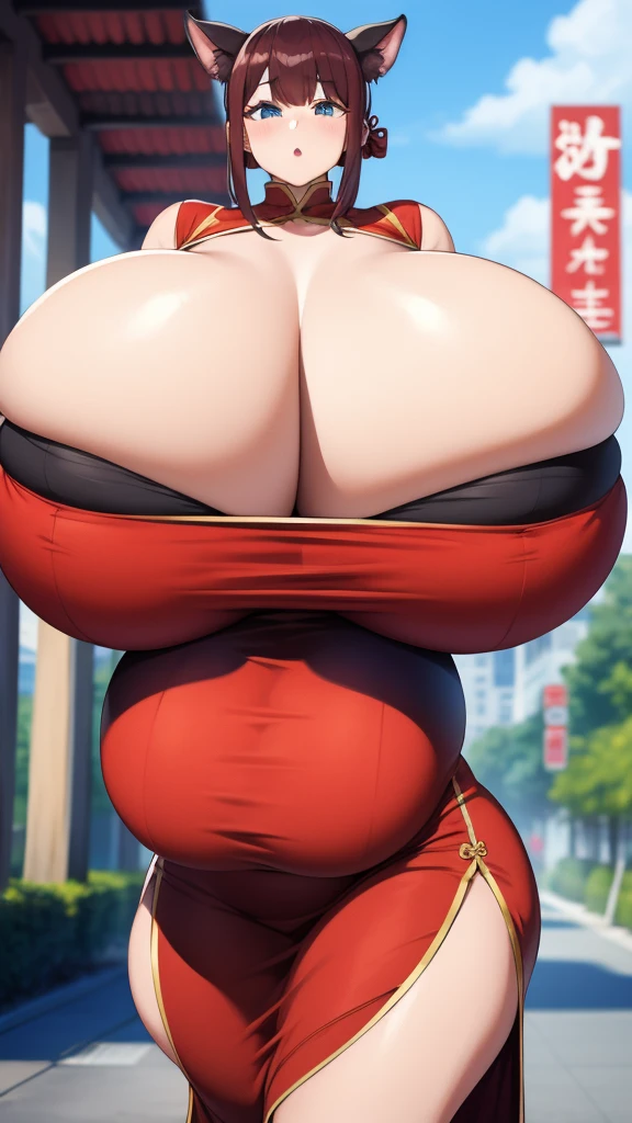 1girl, cowboy camera, Chinese dress, gigantic breasts, huge huge huge chest, Ginormous breasts, oppai ratio