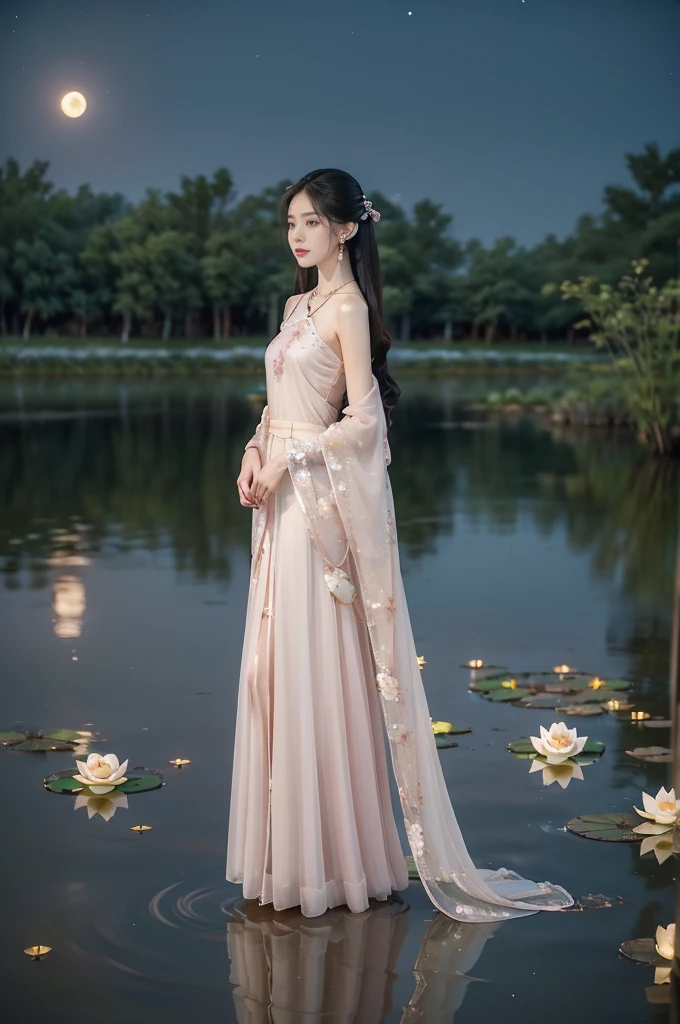 (((best quality))),(((ultra detailed))),(((masterpiece))),illustration,((1 beautiful young girl,solo)),((slim,thin)),(shoulder length straight hair:1.2),((earrings,necklace)),((small breasts,flat chest)),(see through traditional pink sheer Hanfu dress:1.3),((slender legs,loafers)),(beside the lotus pond full of lotus flowers:1.3), serene moonlight, ethereal,floral pattern, water movement, billowing fabric, tranquil,petals, fireflies, magical warm light, dreams, invitation, (standing:1.3),(arms behind back:1.2),gazing, reflection, inner thoughts, emotional, sweet scent, natural beauty, solitude, hypnotic lull, eternal summer,(night scene:1.3), natural world, human spirit, celebration, backdrop, water, glow,(from front:1.5),(full body:1.2)