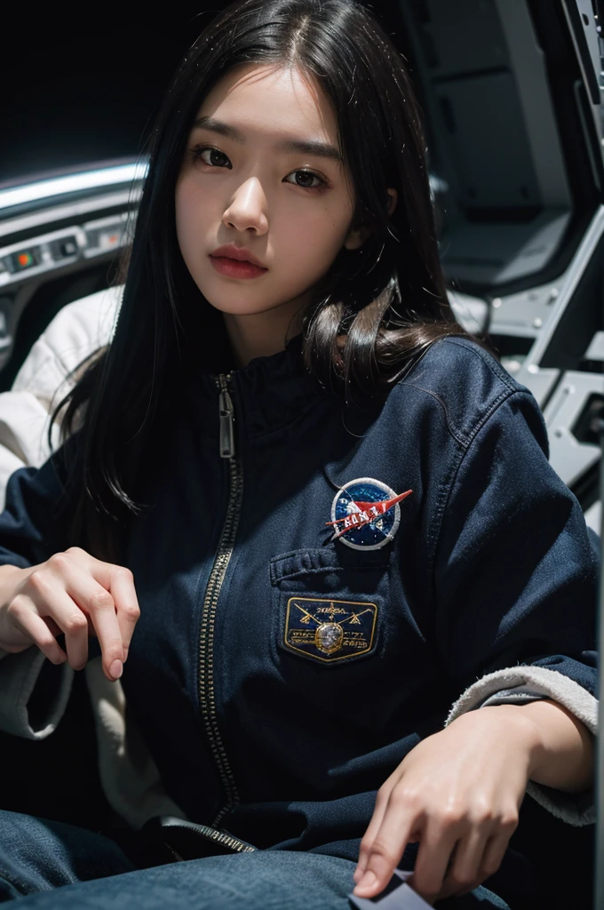Female astronaut j0rd7nj0n3s in space, Beautiful face, Realistic photos, (Portrait), [smoke], [หมอกsmoke], natural light, shallow depth of field, ถ่ายด้วยกล้อง Canon EOS-1D X Mark III, 50 mm lens, I/2.8, (There are complicated details., very detailed), ((raw color)), Sharp focus, HDR, 4K resolution, movie movie