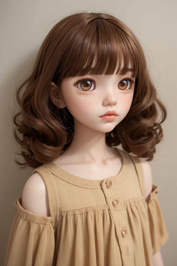 Blythe Doll girl+ shoulder-length curly hair with straight bangs, eyes browns, chestnut hair