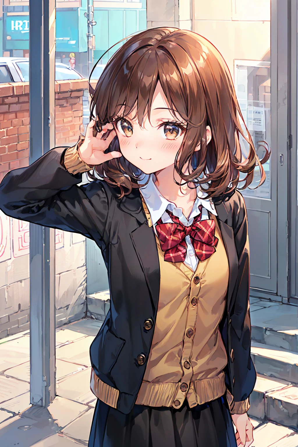 ((Tabletop, Highest quality, High resolution, Hmph, Pixel perfect, 4K, Hmph, Hmph))), One Girl, single, alone, Beauty、The whole body is visible、 ((Mid-wave hair, bangs, Brown Hair)), ((Brown eyes, Beautiful eyelashes, Realistic eyes)), ((Detailed face, blush:1.2)), ((Smooth texture:0.75, Realistic texture:0.65, Realistic:1.1, Anime CG style)), Medium chest, Dynamic Angle, Perfect body, ((Red bow tie, , Black jacket, Open jacket, Brown cardigan, White shirt, Black Skirt, Checked skirt)), City stairs、Looking up from the bottom of the stairs、Very embarrassing panic smile, looked back、Leaning forward、
