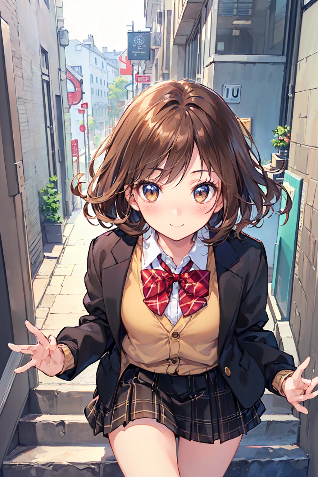 ((Tabletop, Highest quality, High resolution, Hmph, Pixel perfect, 4K, Hmph, Hmph))), One Girl, single, alone, Beauty、The whole body is visible、 ((Mid-wave hair, bangs, Brown Hair)), ((Brown eyes, Beautiful eyelashes, Realistic eyes)), ((Detailed face, blush:1.2)), ((Smooth texture:0.75, Realistic texture:0.65, Realistic:1.1, Anime CG style)), Medium chest, Dynamic Angle, Perfect body, ((Red bow tie, , Black jacket, Open jacket, Brown cardigan, White shirt, Black Skirt, Checked skirt)), City stairs、Looking up from the bottom of the stairs、Very embarrassing panic smile, looked back、Leaning forward、