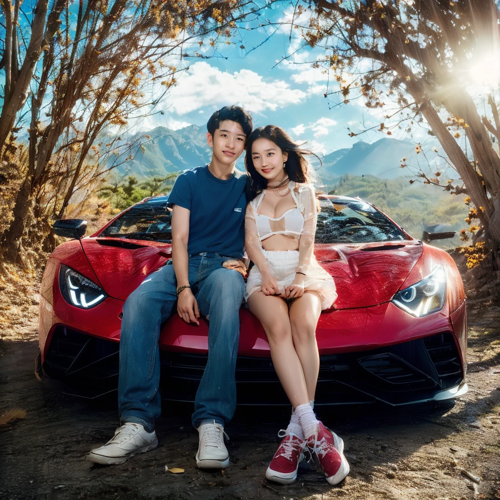 A captivating cinematic portrait of an Asian  couple sitting in a sleek red sports car, exuding confidence and elegance. The young man dons a blue t-shirt, jeans, and white shoes, while the young woman looks stunning in a white transparent top, mini skirt, and pink shoes. Surrounding them, a picturesque scene of trees shedding dry leaves and a breathtaking backdrop of mountains and a clear blue sky. Sunlight filters through the gaps in the trees, creating a warm and inviting atmosphere. The image captures the essence of youth and energy, making it perfect for a cinematic portrait., portrait photography, photo, cinematic