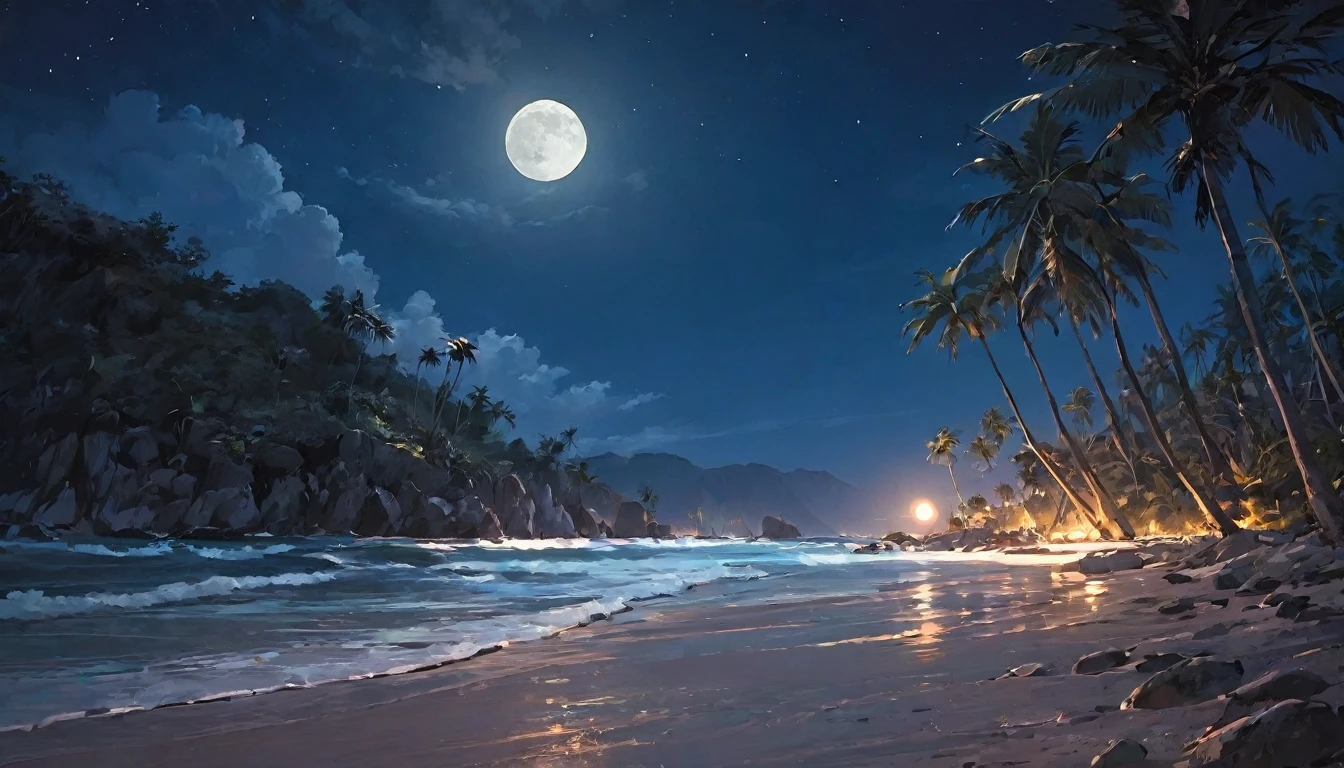 rocky dark beach at night with palm trees an moon in sky