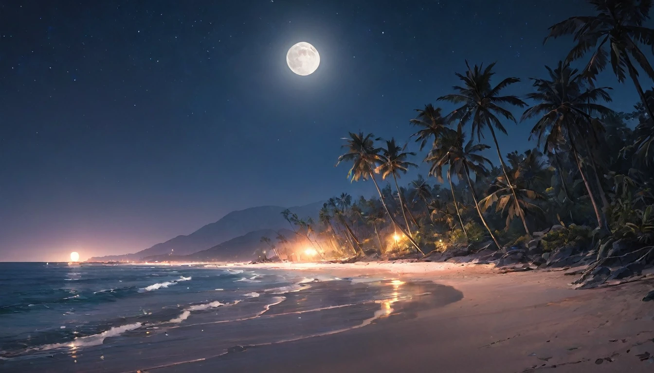 rocky dark beach at night with palm trees an moon in sky