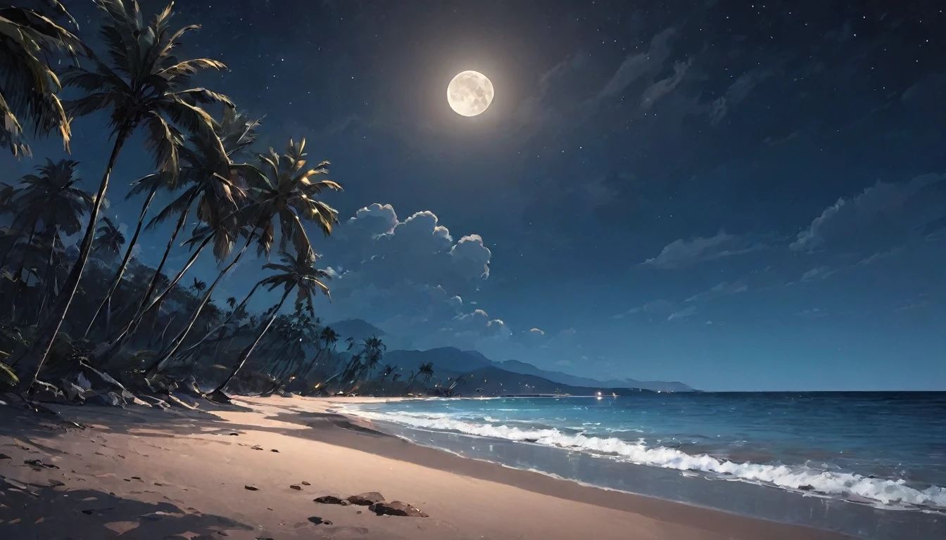 rocky dark beach at night with palm trees an moon in sky