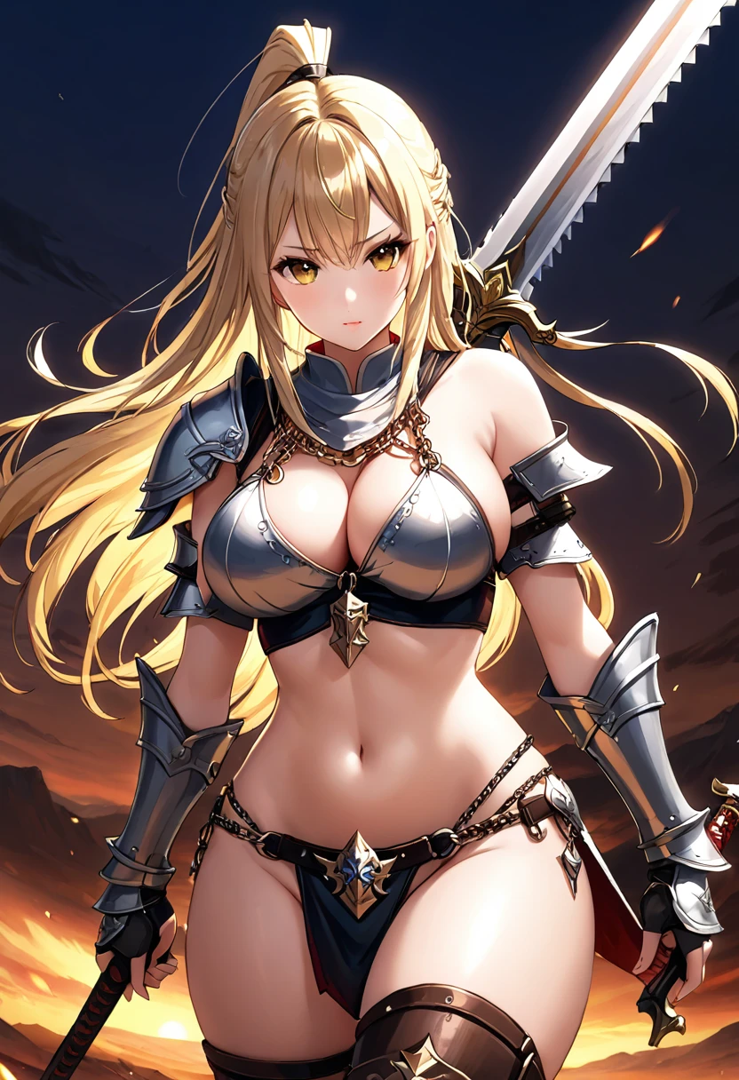 score_9, score_8_up, score_7_up, score_6_up, 1girl, busty female warrior, wearing a bikini plate armor, battlefield, long hair, undercut, war painted face, two handed sword, chain sword, huge sword over shoulder, busty, small waist, wide hips, from front, cleavage, golden hour, cowboy shot 
