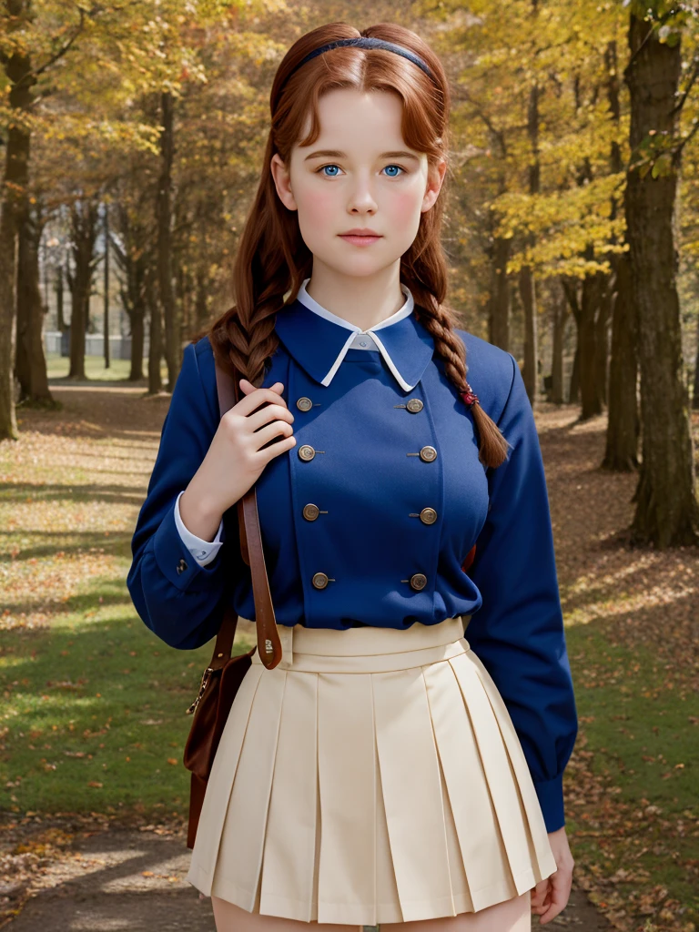 (best quality,4k,8k,highres,masterpiece:1.2),ultra-detailed,(realistic,photorealistic,photo-realistic:1.37), ((deutschland, mittelalter, nebliger bergwald, a young  girl, she wears uniform, skirt, solo, shy)), ((very large bust size for her young age)), she wears beret, she wears no bra, braided red hair, pale skin