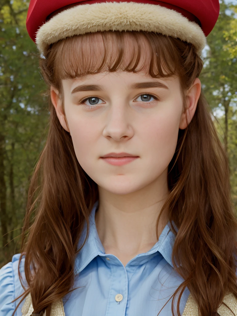(best quality,4k,8k,highres,masterpiece:1.2),ultra-detailed,(realistic,photorealistic,photo-realistic:1.37), ((deutschland, mittelalter, nebliger bergwald, a young school girl, she wears uniform, skirt, solo, shy)), ((very large bust size for her young age)), she wears beret, she wears no bra, braided red hair, pale skin