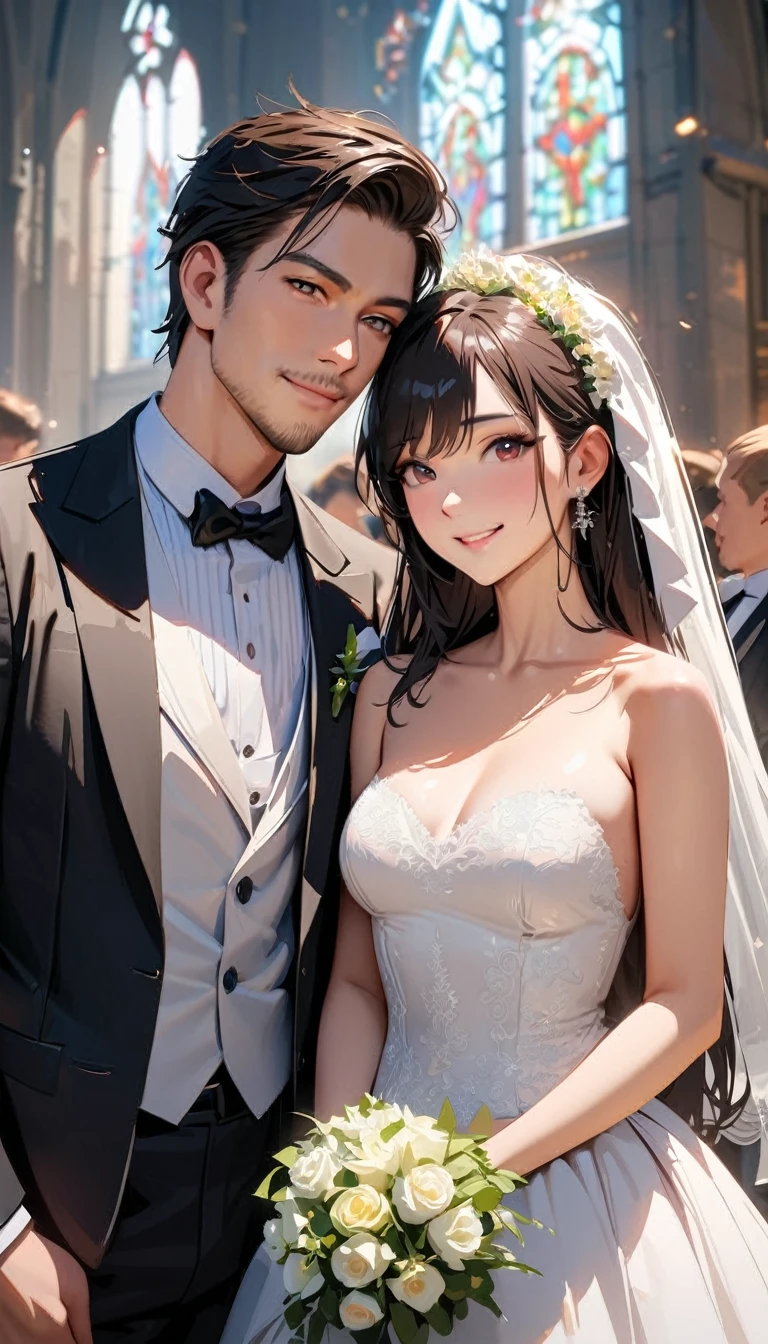 masterpiece , modern, Verism, masterpiece, super detail, best quality, 4K ,(((head shot))),Male and female couple standing side by side,a woman,Wedding dress, One handsome 25-year-old ,tuxedo,church,wedding,Happy atmosphere, People who bless those around, Blurred background,Hyperrealistic