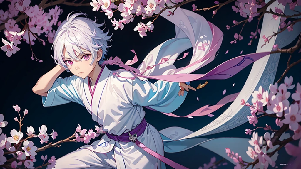 A Chinese boy who has a white hair and holding a sword wearing a white kimono with long long sleeps his kimono has a Persian painting patron and it's shiny behind him is a wall it's like a rock wall half top of the painting is surrounded by white pink purple and light blue flowers like Lily of the Valley and violets and the bottom of the painting there is so many gemstones who are pink purple and light blue the boy has a hair accessory that has a diamond shape gemstone stone that is deep red the boy hold the sword with both hand in the front of him and his pose is kind of like 3.4 of his face showing to us ‏he's har is so long