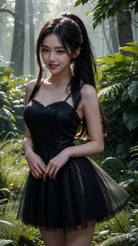 (Masterpiece:1.4), CG Unity 8k walpaper, ((Realistic: 1.2)), Ray Tracing, 64k, Beautiful 22 years girl, Asian realistic girl, Ultra Realistic, ultra HD, 1 girl, black hair, long hair, ponytail, standing, abandoned in a forest, Green Plants, Rain forest, soft lighting,  Morning light, foggy morning, realistic, SMOOTH FACE, full body shot, (( Red Sweetheart High Low Tulle Homecoming Dress)), perfect eyes, Beautiful smile, ((smile: 1.2)), Stylish look, sexy angles, realistic Skin, Perfect young body, Young figure , detailed background, Detailed skin, ((detailed dress)), Long Black hair, cinematic lighting, ((cinematic Photography)), ((High resolution Dress Quality)), High resolution picture quality, beautiful knees, Smooth thighs 