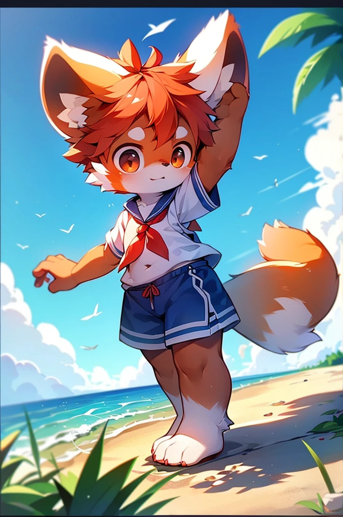 Red Panda Boy,8k resolution,Furry, Ocean,Sailor suit,Red collar,Two legs,Stand up on your own two feet! Towering,spindly,spindly,:slim body,:tall