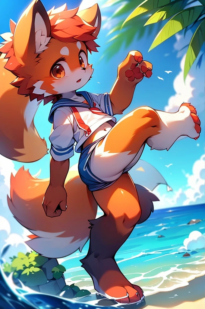 Red Panda Boy,8k resolution,Furry, Ocean,Sailor suit,Red collar,Two legs,Stand up on your own two feet! Towering,spindly,spindly,:slim body,:tall