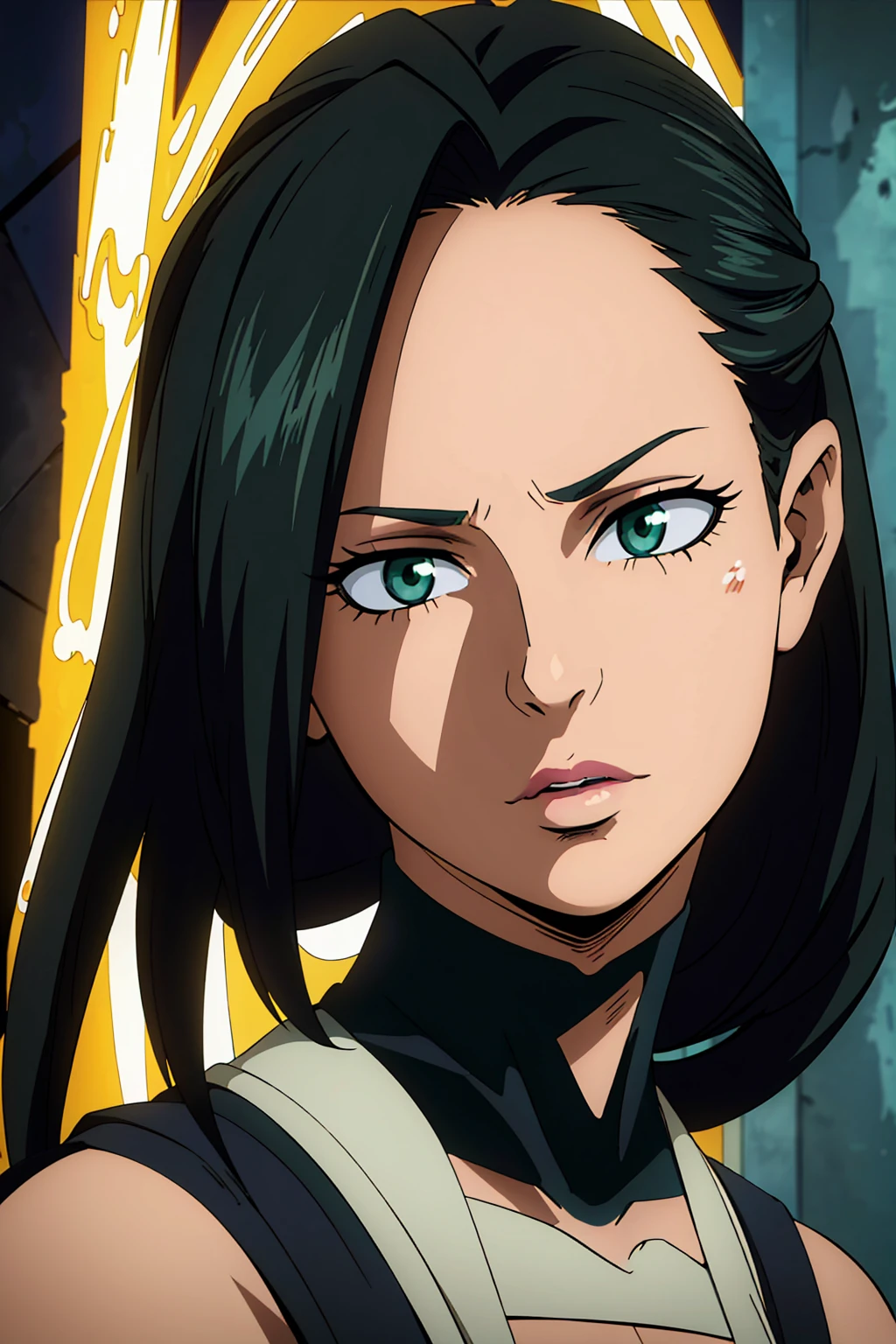 a 50 year old woman, black long hair, green eyes, detailed face, detailed eyes, detailed lips, cinematic lighting, dramatic lighting, my hero academy art style , boku no hero art , oil painting, high quality, masterpiece, extremely detailed, vibrant colors, chiaroscuro lighting, dramatic composition, atmospheric, ethereal, elegant, serene