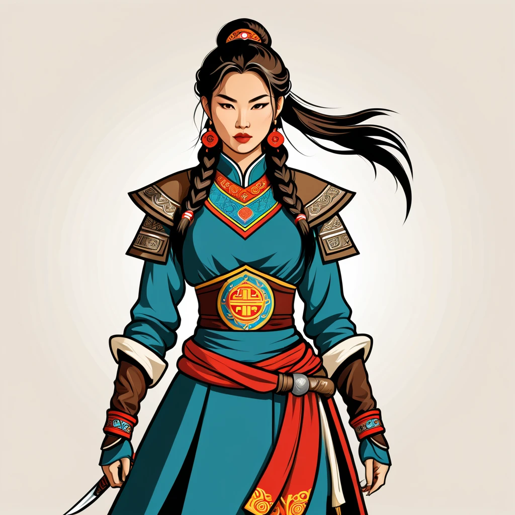 female rogue in mongolian folk outfit, vector graphics, strong contours, logo design