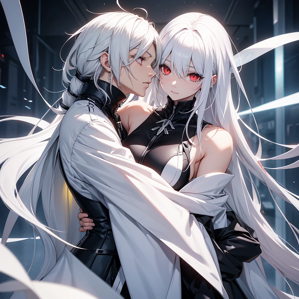 make one character hugging another. the first will be a man, taller than the woman he is hugging, white  hair, social futuristic clothes and yellow x-shaped eyes. the girl will have red eyes, long white hair and a low-cut black dress