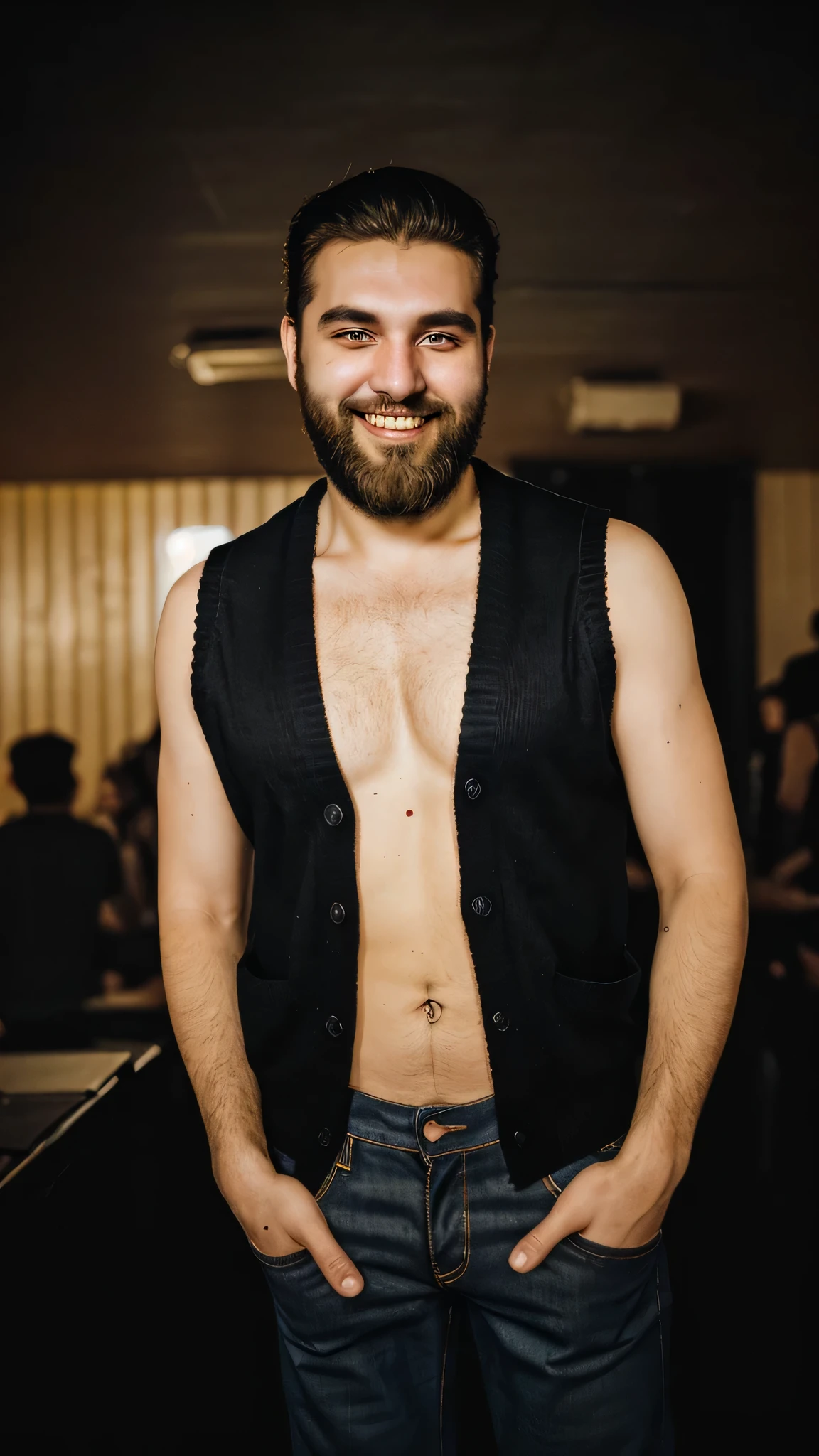 portrait photography of bearded man, wearing sleeveless jeans cardigan and black skinny pants, , smiling, (solo:1.3), (looking at viewer:1.3), (eye contact:1.3), in a night club, dance floor, front to viewer, in golden hour, dusk, flat lighting, (soft saturation:1.2), analog style, , , ,