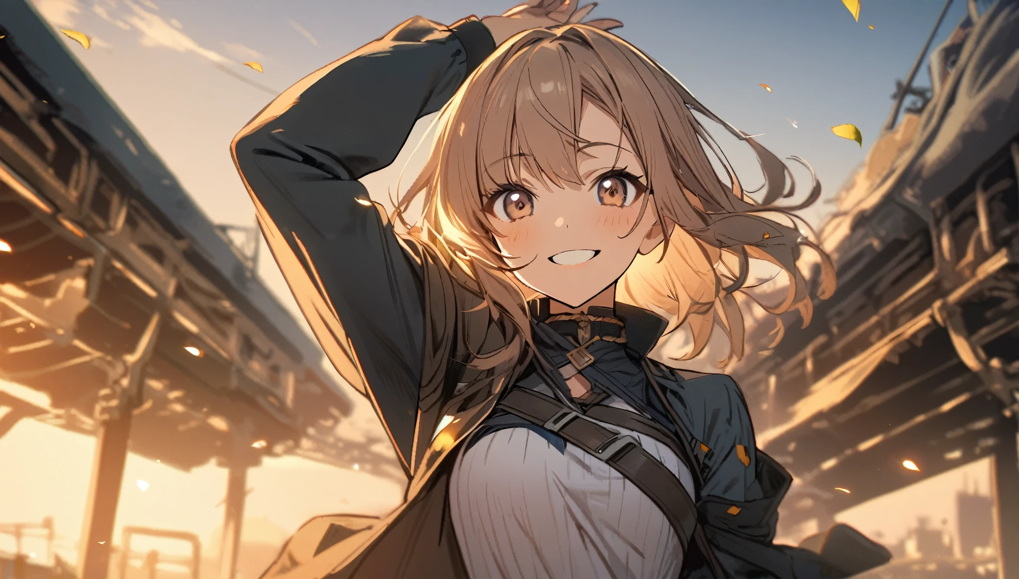 Anime girl with long hair and a black jacket standing in front of a ...