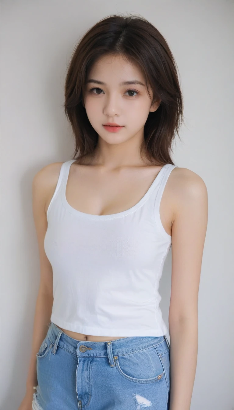 Beautiful 18 years old girl, perfect body, medium breast, medium hair, white tanktop, white short, sexy pose model,