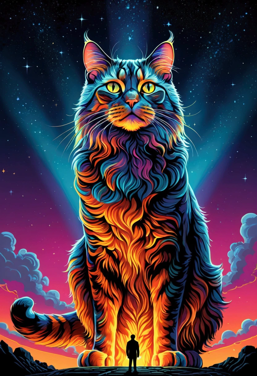 (Giant Cat, exaggerate Giant), from below, Stunning illustration, glowing in the dark with colorful multicolor light, centered on a night background, in the style of pop surrealist artist, fine art, full body, award-winning, cinematic still, emotional, vignette, dynamic, vivid, (masterpiece, best quality, Professional, perfect composition, very aesthetic, absurdres, ultra-detailed, intricate details:1.3)
