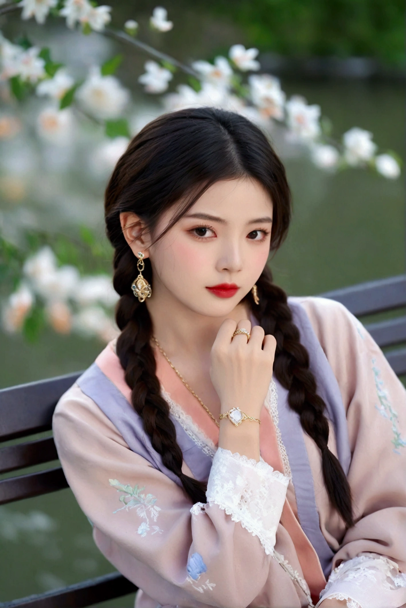 1girl, solo, long hair, looking at viewer, black hair, long sleeves, jewelry, sitting, upper body, braid, earrings, outdoors, necklace, blurry, bracelet, lips, single braid, blurry background, ring, hair over shoulder, realistic, bench