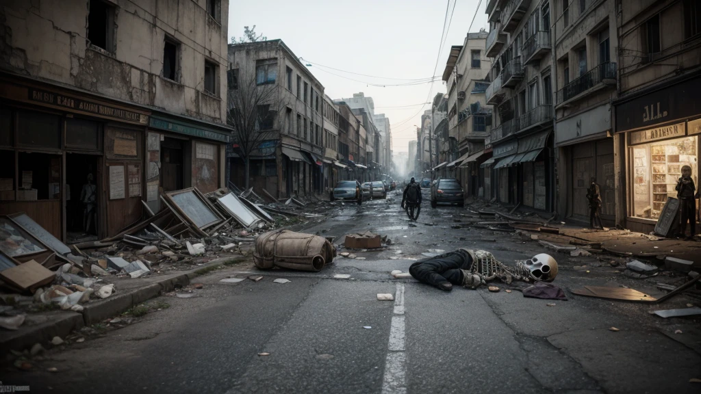 streets in ruins, with skeletons and dead people wearing gas masks.