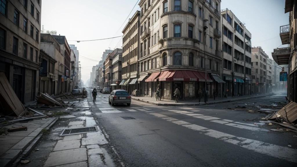 streets in ruins, with skeletons and dead people wearing gas masks.