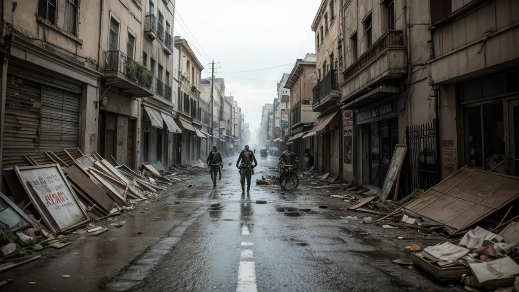 streets in ruins, with skeletons and dead people wearing gas masks.