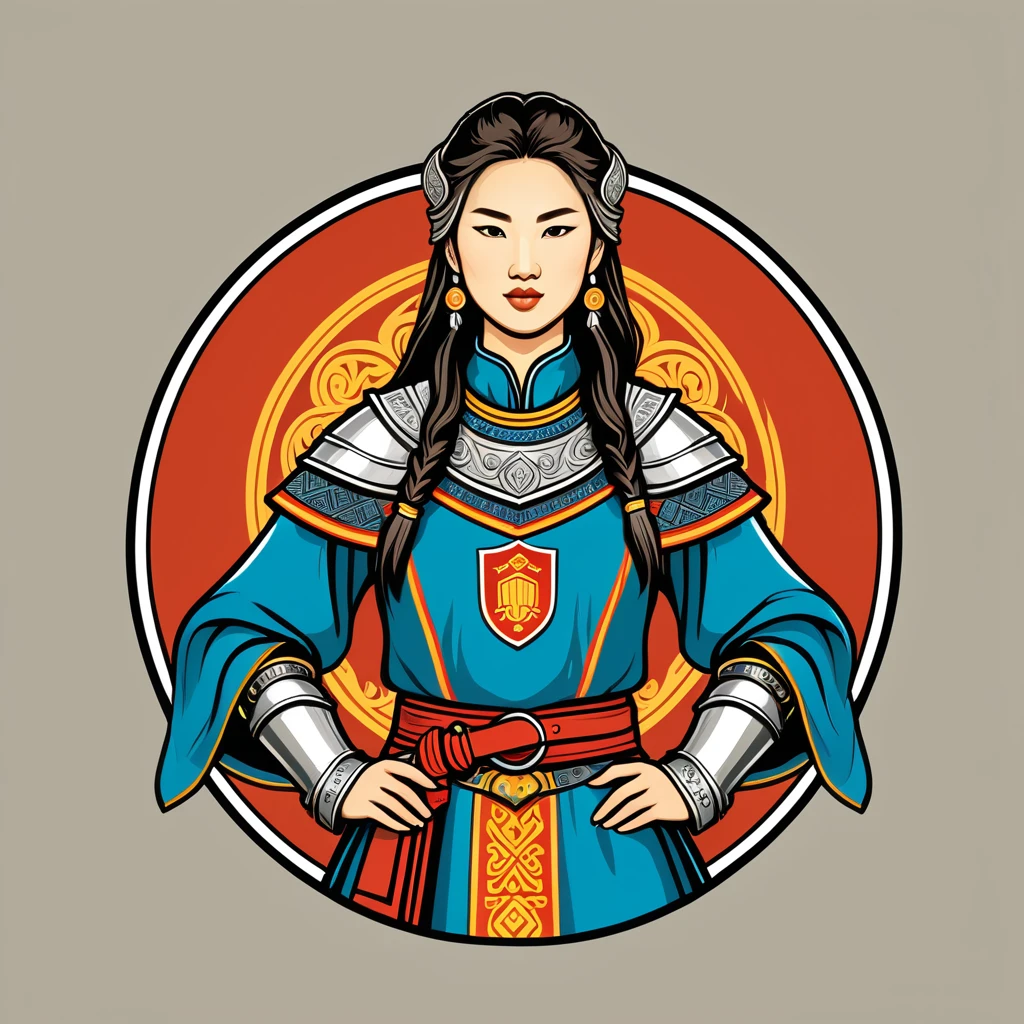 female knight in mongolian folk outfit, vector graphics, strong contours, logo design
