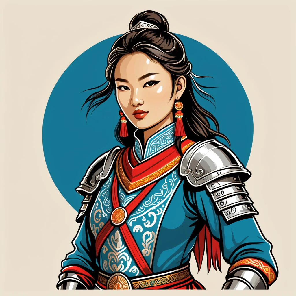 female knight in mongolian folk outfit, vector graphics, strong contours, logo design