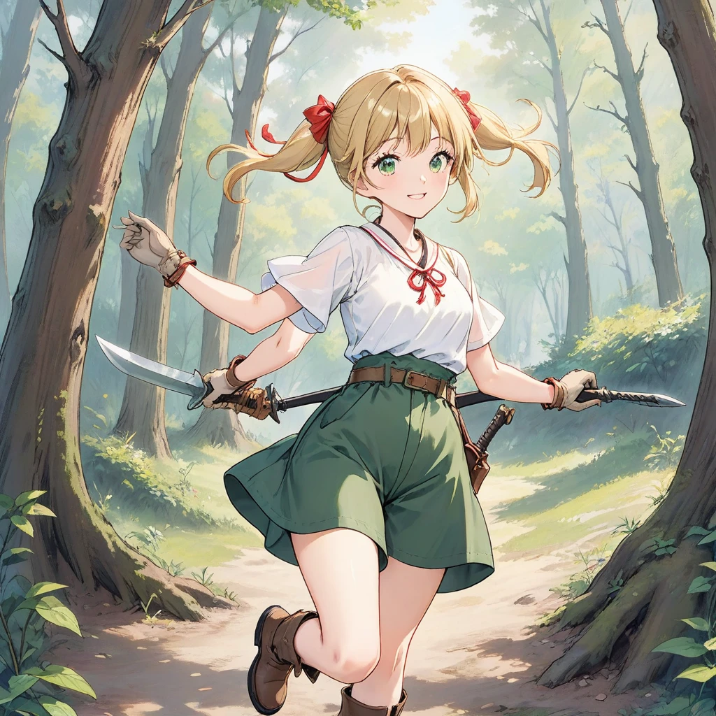 30-year-old woman, blonde hair in pigtails, green eyes, tender and smiling expression, long explorer-style shorts with beige suspenders, short-sleeved white blouse, red ribbon in her hair, beige leather gloves, dark beige, in forest leather boots that reach mid-calf, her weapons are two daggers she carries at her waist. 