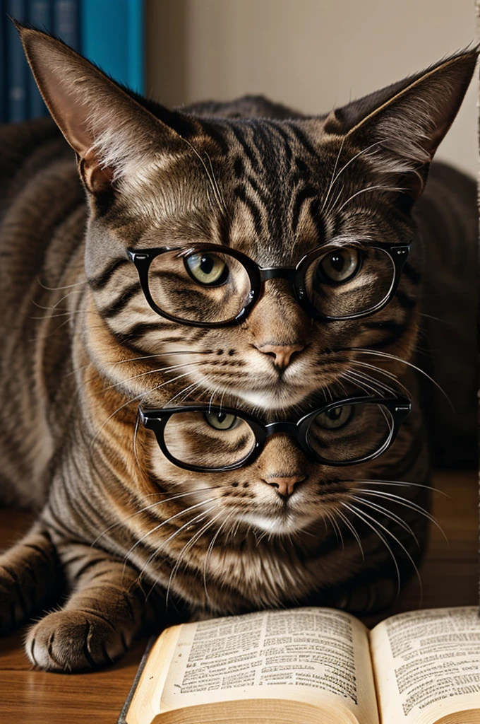 A cat with glasses reading the Bible