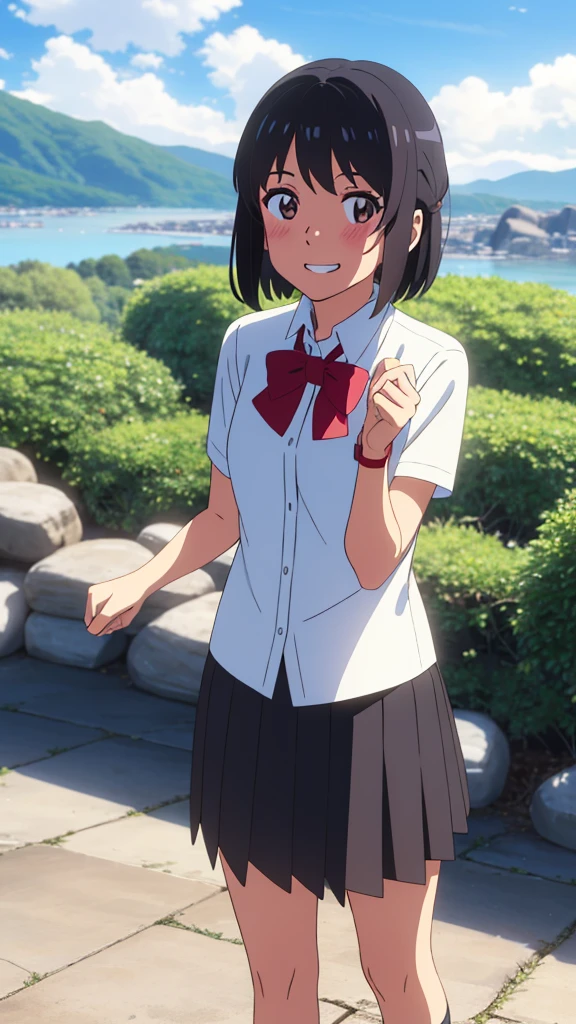 shinkai makoto, kimi no na wa., 1girl, bangs, black hair, blush, expressive eyes, brown eyes, perfect face, looking at the viewer, school outfit, white collared shirt, red headband, red ribbon, red bow, short sleeves, black skirt, short hair, solo, outdoors, shinny skin, smile, cute, grin, cloudy, blue sky, mountains, rocks, standing, (masterpiece), best quality