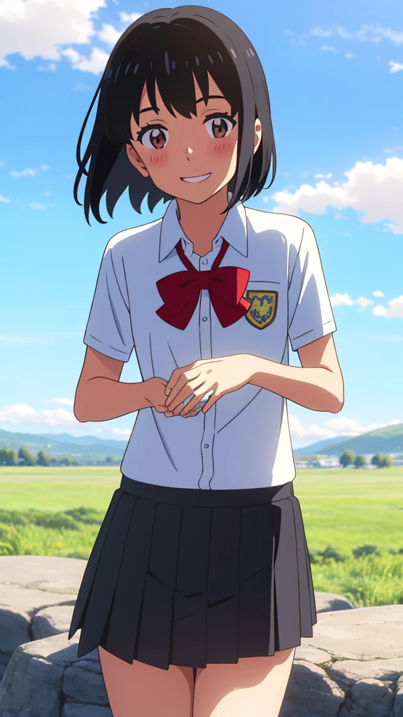 shinkai makoto, kimi no na wa., 1girl, bangs, black hair, blush, expressive eyes, brown eyes, perfect face, looking at the viewer, school outfit, white collared shirt, red headband, red ribbon, red bow, short sleeves, black skirt, short hair, solo, outdoors, shinny skin, smile, cute, grin, cloudy, blue sky, mountains, rocks, standing, (masterpiece), best quality
