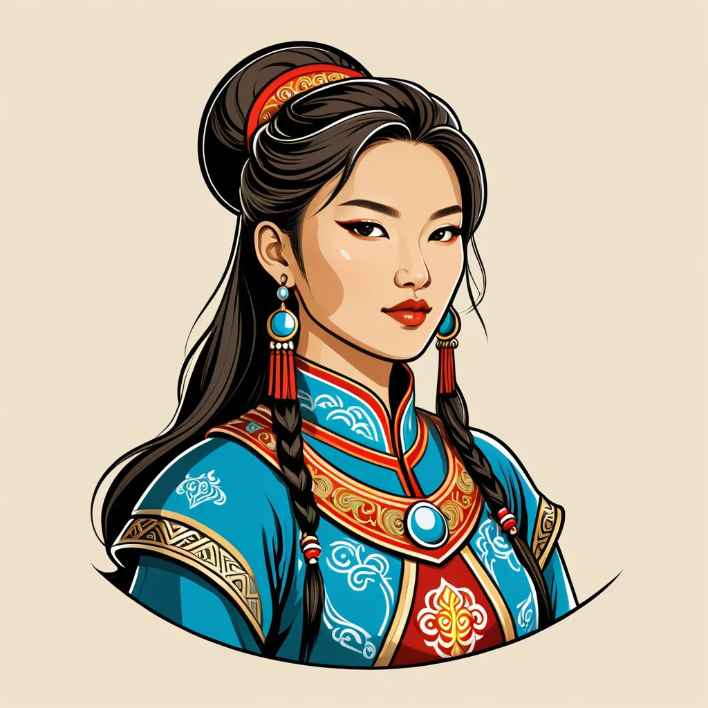 female paladin in mongolian folk outfit, vector graphics, strong contours, logo design