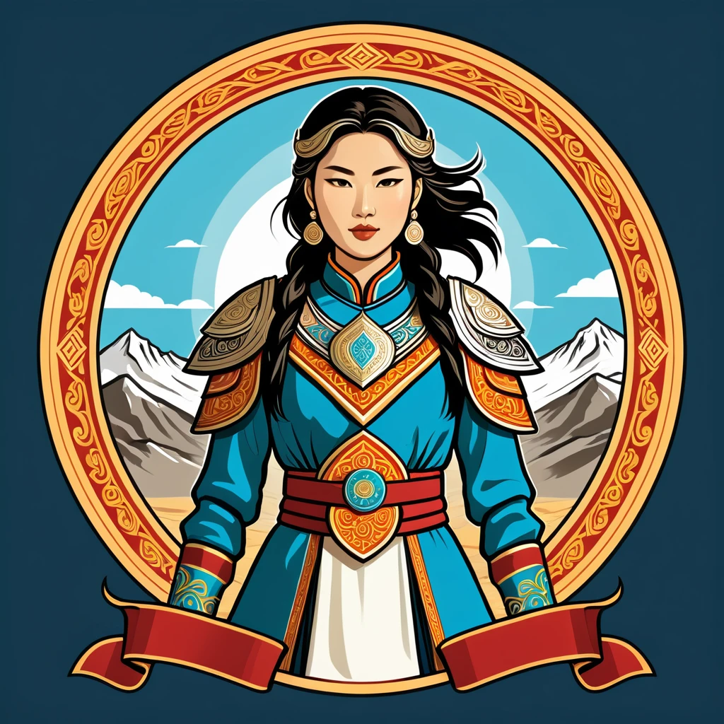 female paladin in mongolian folk outfit, vector graphics, strong contours, logo design