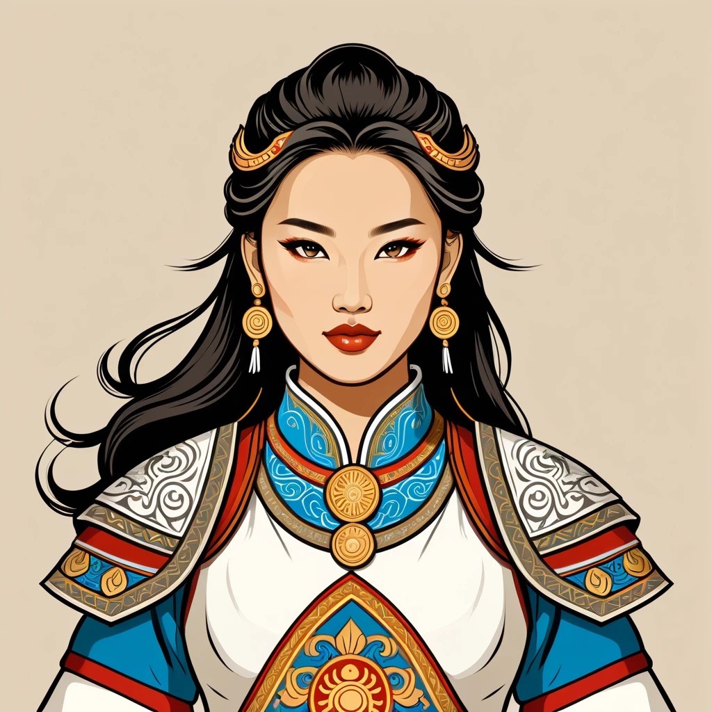 female paladin in mongolian folk outfit, vector graphics, strong contours, logo design