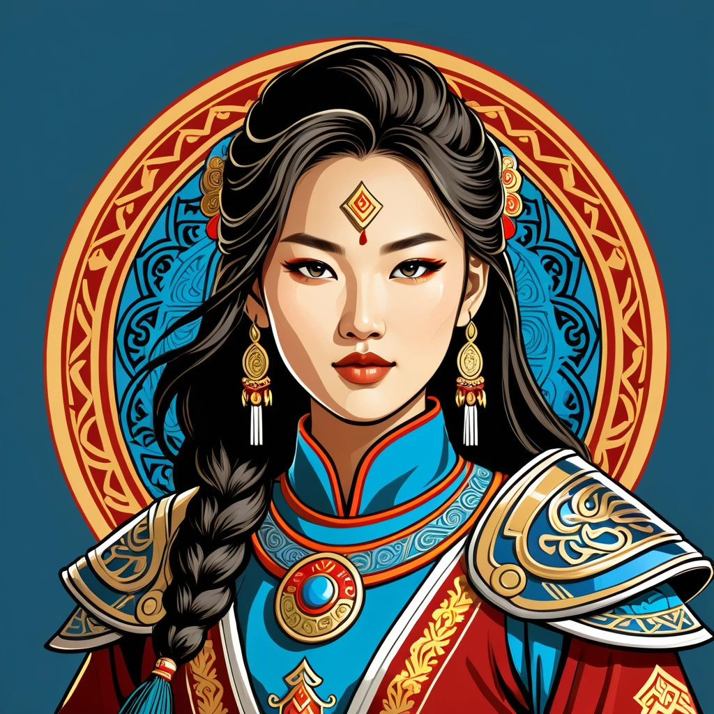 female paladin in mongolian folk outfit, vector graphics, strong contours, logo design
