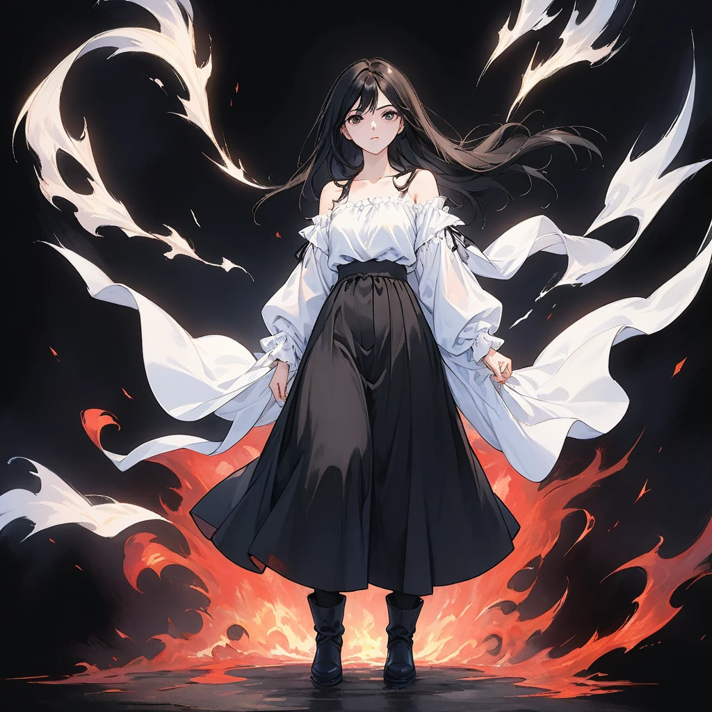 30-year-old woman, long black hair, serious, black eyes, wears old-fashioned clothing, black baggy pants, black boots, white blouse with long sleeves and exposed shoulders, powers of darkness, dark background. 