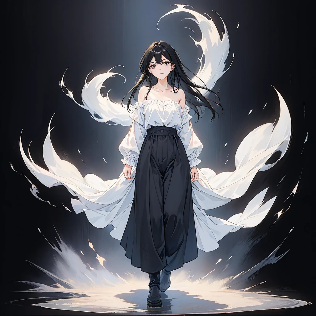 30-year-old woman, long black hair, serious, black eyes, wears old-fashioned clothing, black baggy pants, black boots, white blouse with long sleeves and exposed shoulders, powers of darkness, dark background.