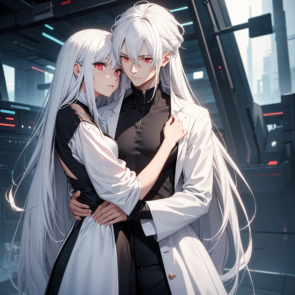 make one character hugging another. the first will be a man, taller than the woman he is hugging, white  hair, social futuristic clothes and yellow x-shaped eyes. the girl will have red eyes, long white hair and a low-cut black dress